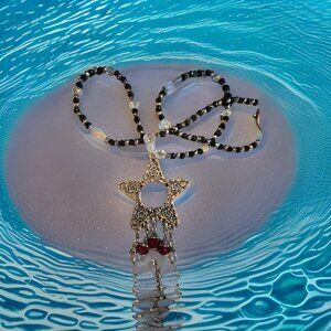 Five Point Star Long Necklace Black/Crystal beaded. 28 in.